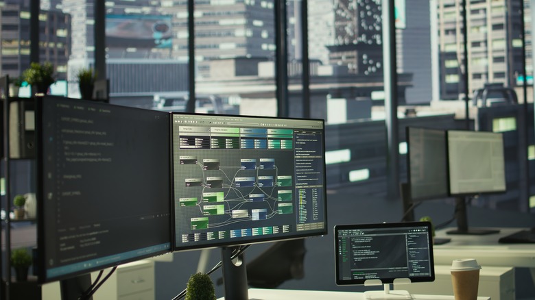 Multiple screens enclose a work space