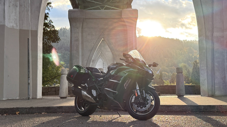 Kawasaki Ninja H2 SX parked under a bridge in Portland Oregon