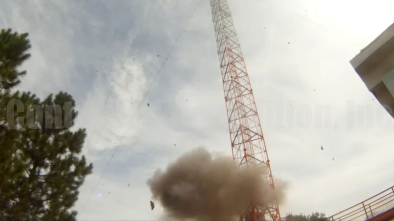Video still showcasing explosive detonation that brought down WECT television tower