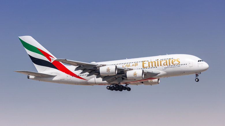 An Emirates Airbus A380 getting ready to land