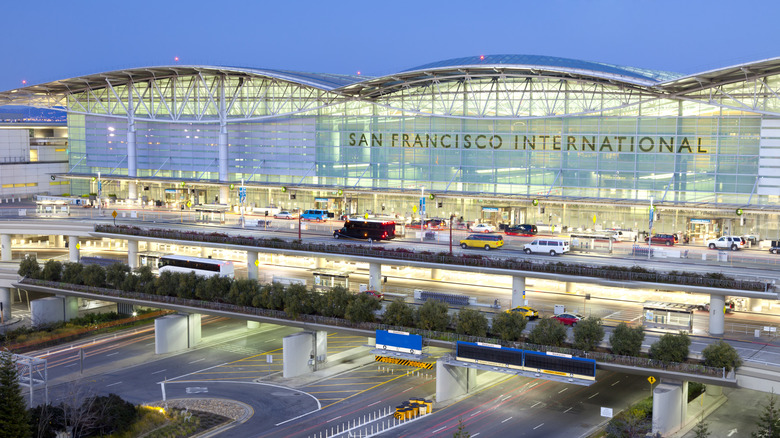 San Francisco International Airport lit up at dusk