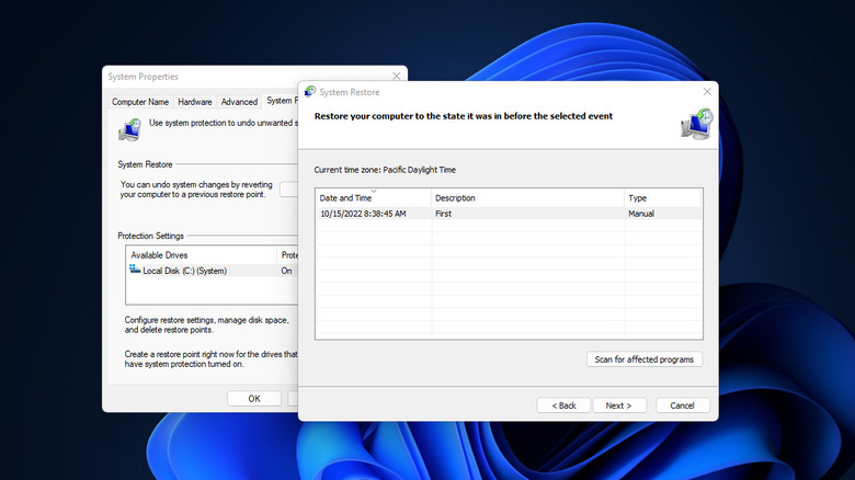 System restore screenshot