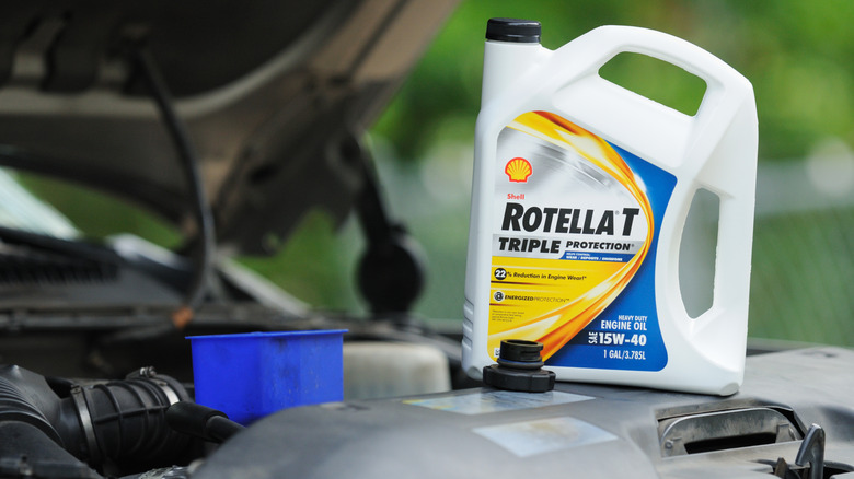 Shell Rotella oil bottle on truck frame