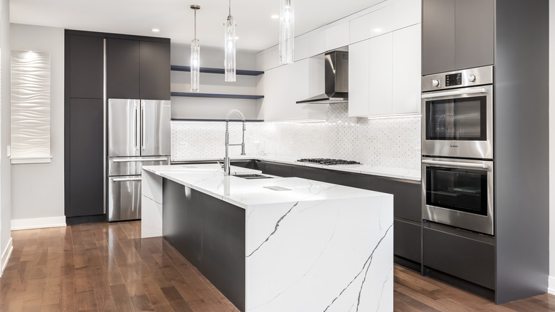 white and gray kitchen with Bosch appliances
