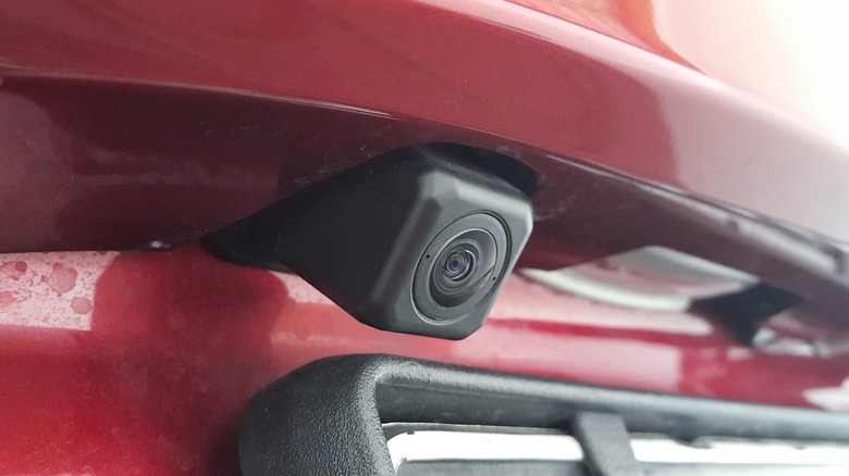 Closeup of a backup camera on a car