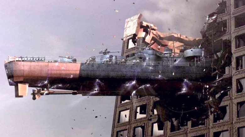 A navy vessel stuck inside a skyscraper in 