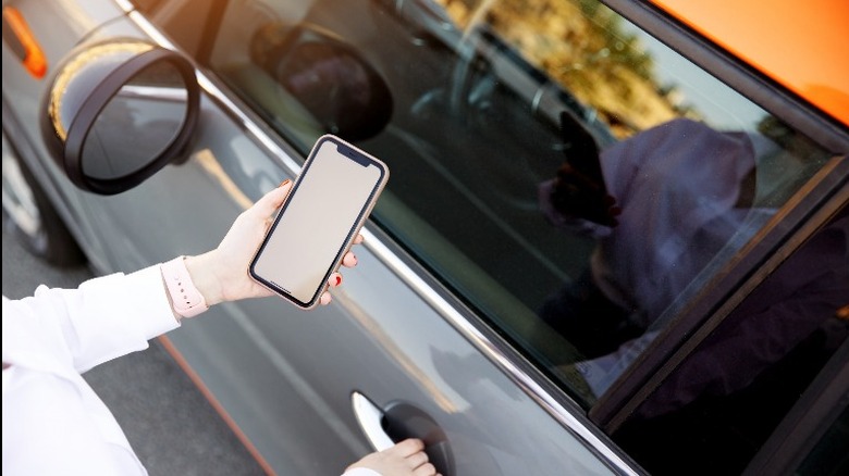 Person with smartphone and car