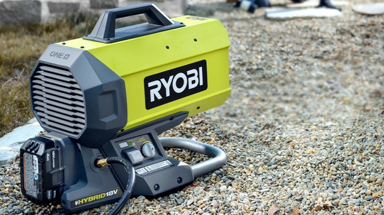 Ryobi's 18V Hybrid Propane heater in an open area