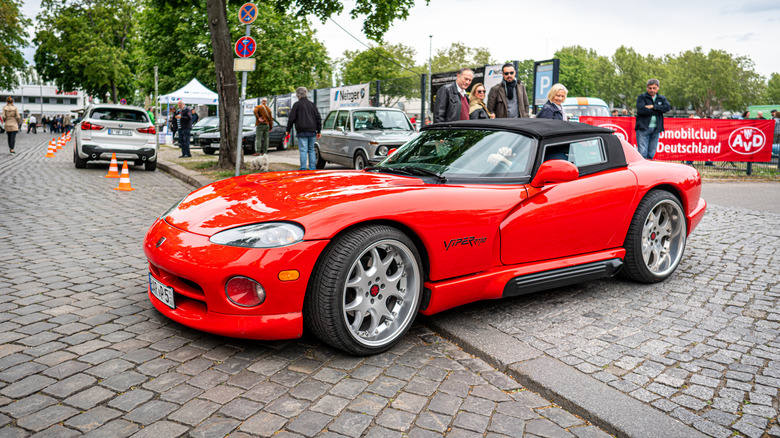 Red Dodge Viper on street 