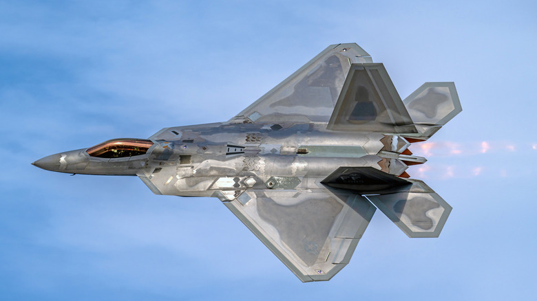 F-22 stealth jet in flight from above