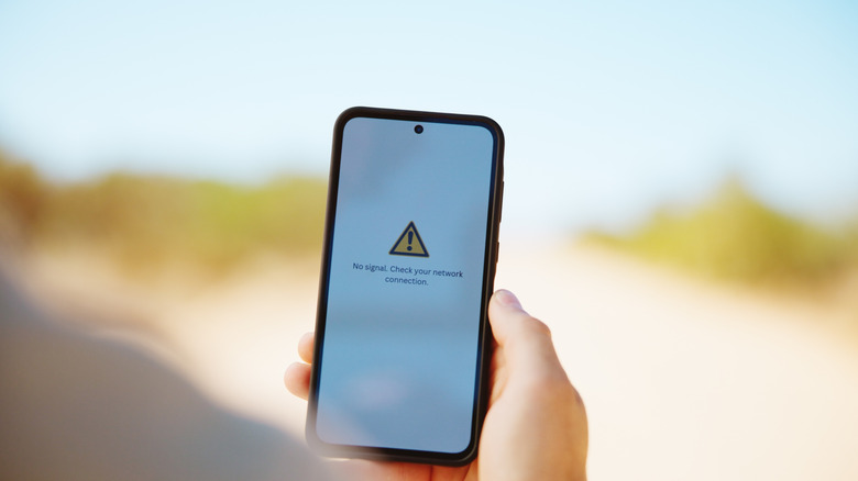 Person holding up a phone with a No Signal message on screen