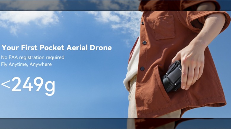 Photo shows a person outside slipping the drone into a shirt pocket. The caption says, "Your First Pocket Aerial Drone. No FAA registration required. Fly Anytime, Anywhere." The drone weighs less than 249 grams.
