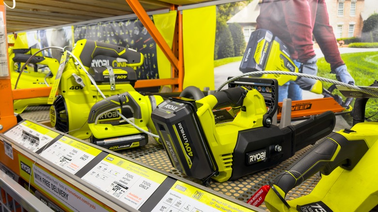 Ryobi leafblowers in store display, on shelf