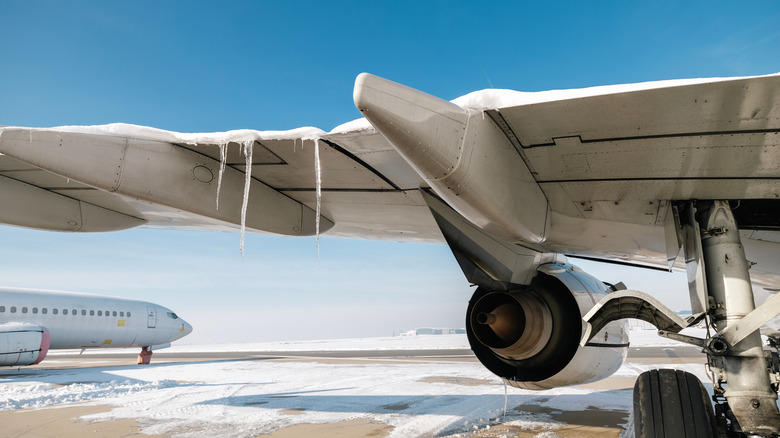 Icy airplane wing