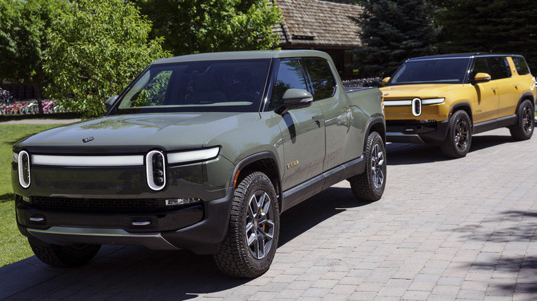 Rivian trucks parked