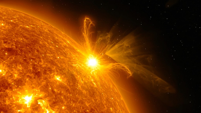 Rendering of the sun emitting a solar flare