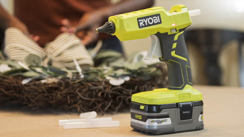 ryobi glue gun in front of wreath