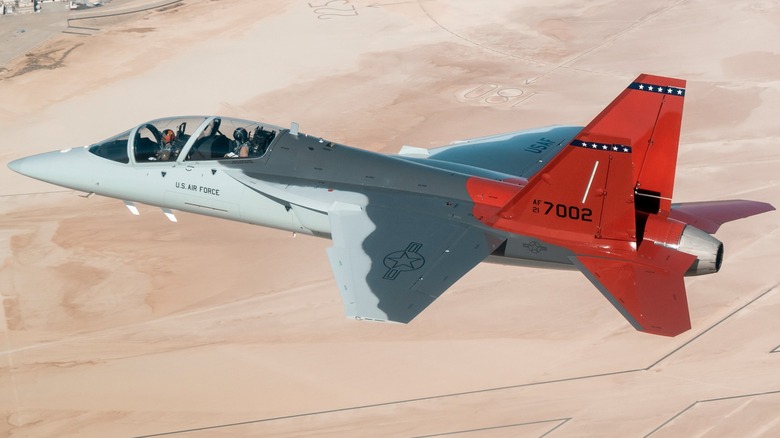 A T-7A Red Hawk over Edwards Air Force Base in 2023