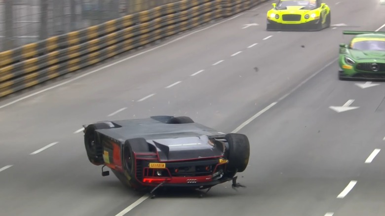 2016 Macau Grand Prix GTWC accident with Laurens Vanthoor skidding down the straight on his roof