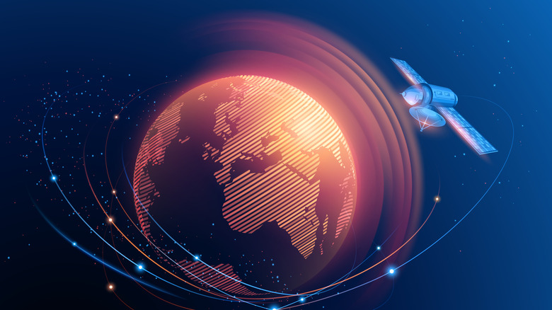 An illustration of Earth with various satellites surrounding it