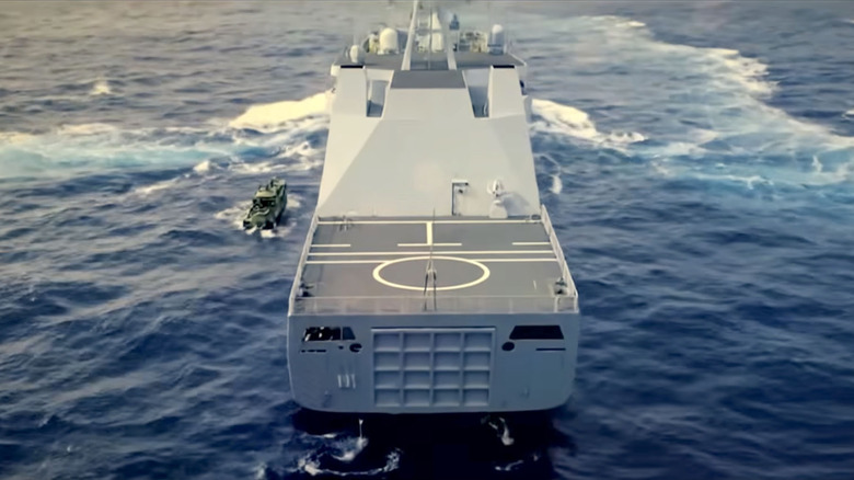 Rear view rendering of new U.S. Navy landing ship at sea