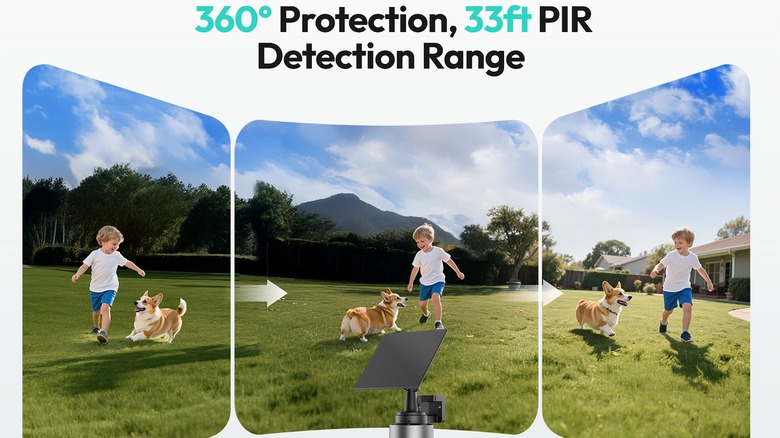 Images of boy playing with dog with 360-degree protection and 33 feet PIR detection range