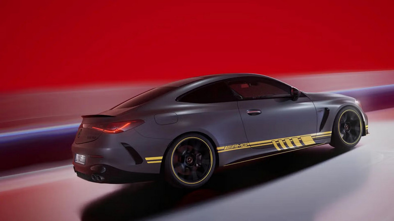 Mercedes-Benz CLE 63 AMG driving with red background