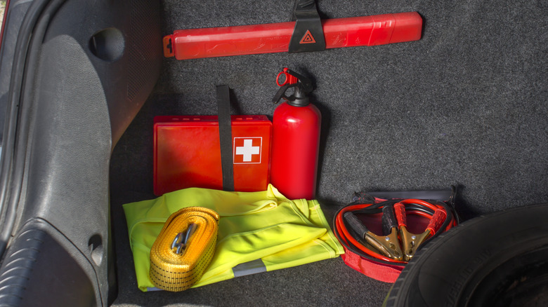 Emergency kit in a car trunk