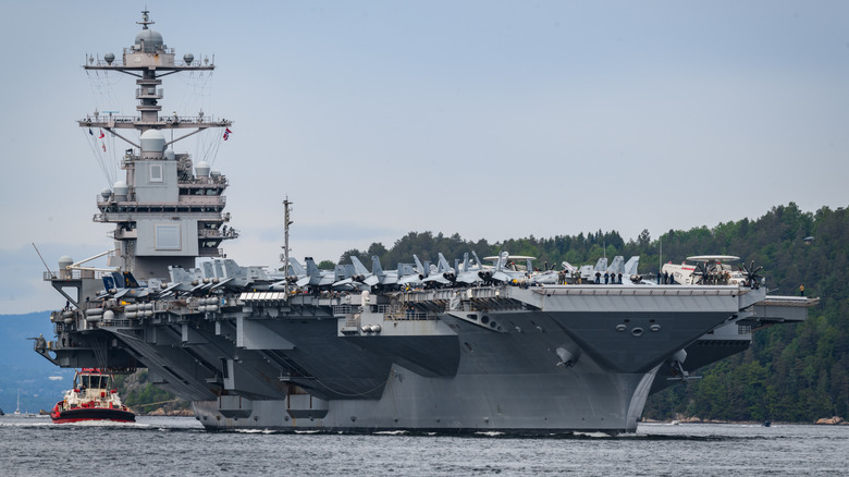 USS Gerald R. Ford aircraft carrier on it's departure from visiting Oslo port