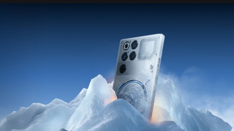 A Redmagic 11 Pro is nestled in glacial ice with ice crystals
