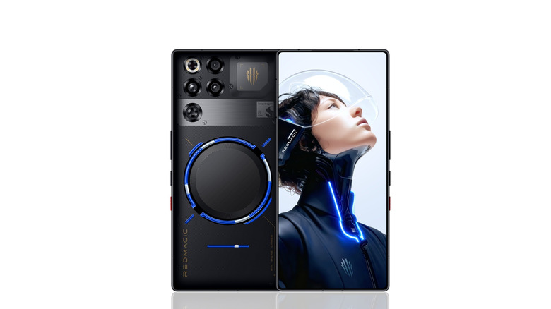 RedMagic phones side by side, one showing backside with liquid cooling ring in center and five lenses