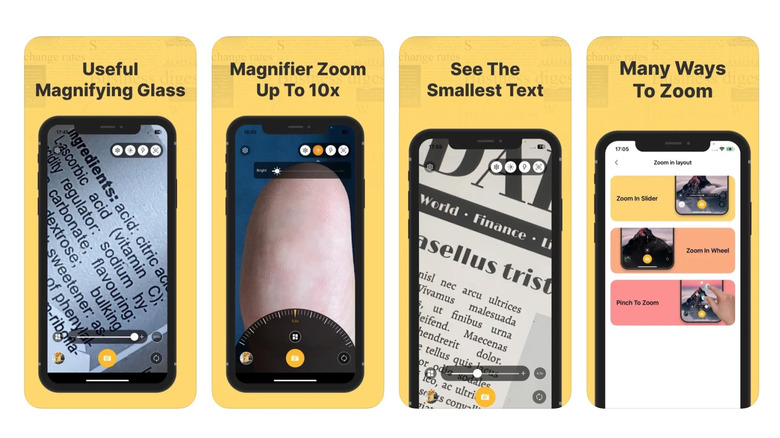 Four phones in a row displaying magnifying app functions