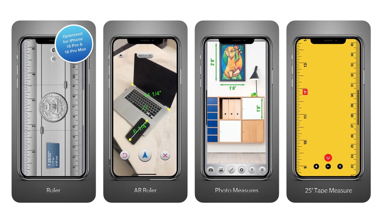Four iPhone screens in a row each displaying function of ruler app