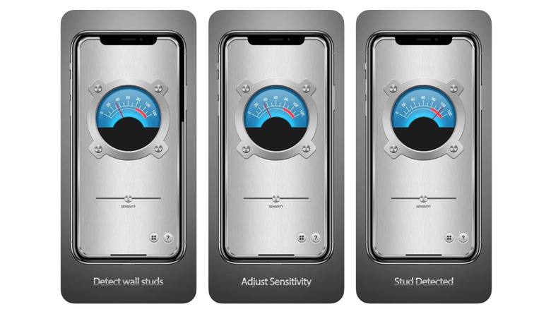 Three phones in a row displaying stud finder app