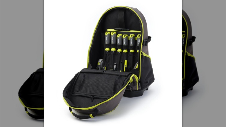 Ryobi 16-inch Backpack with Tool Organizer filled with tools