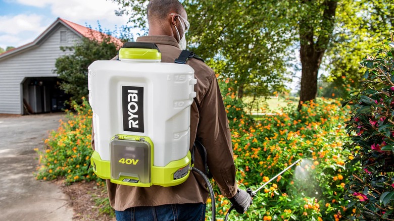 Ryobi 40V 4-gallon Backpack Chemical Sprayer in use