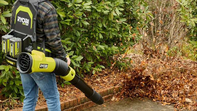 Ryobi 40V HP 850-cfm Whisper Series Backpack Blower in use