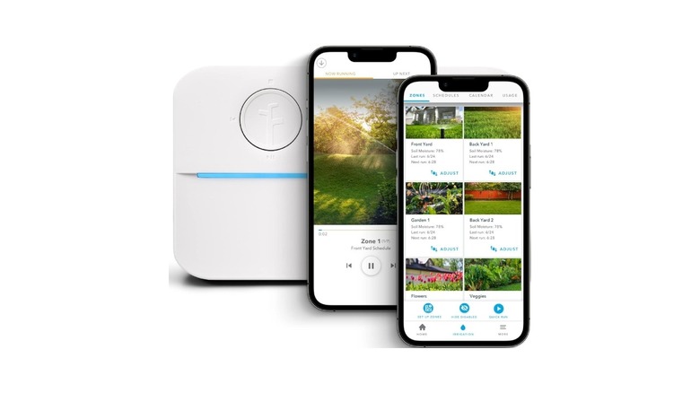 Rachio Wi-Fi smart sprinkler with two iPhones showing the companion app