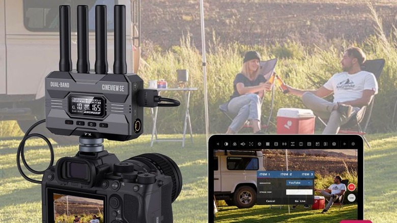 Accsoon CineView SE Wireless Video Transmitter & Receiver on a camera taking images of two people relaxing.