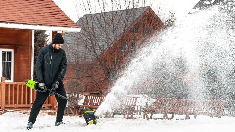 Greenworks 80V 12-inch Cordless Snow Shovel in use