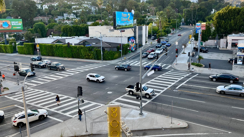 Cars passing through an intersection in Los Angeles
