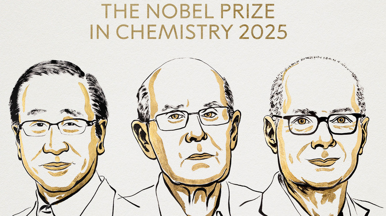 The 2025 Nobel Prize in Chemistry was awarded to Susumu Kitagawa (left), Richard Robson (middle), and Omar Yaghi (right) for their work on metal-organic frameworks..