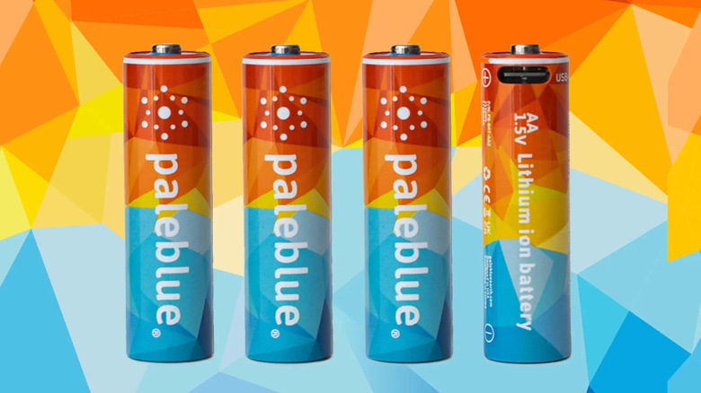 Paleblue rechargeable batteries connected against a multicolored background