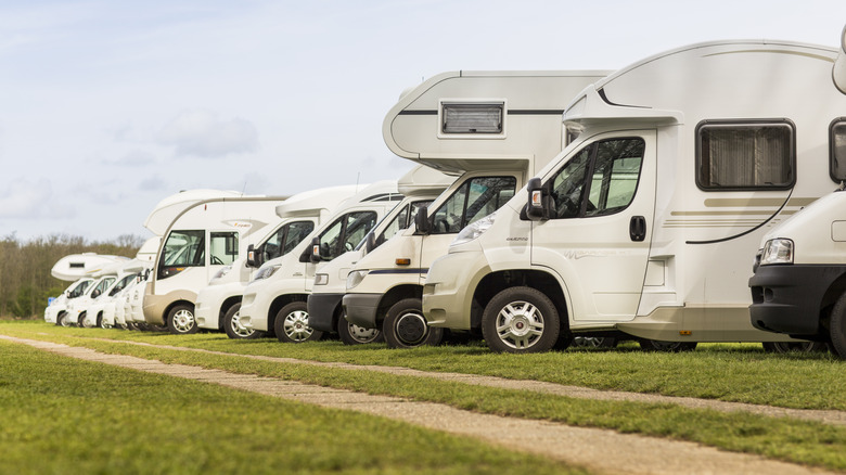 A line-up of several RVs on a grassy parking lot, side view