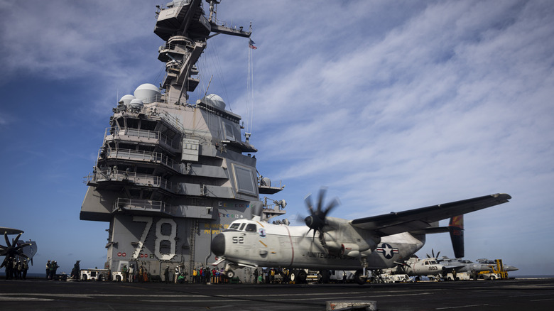 An aircraft on the flight deck of the USS Gerald R. Ford.