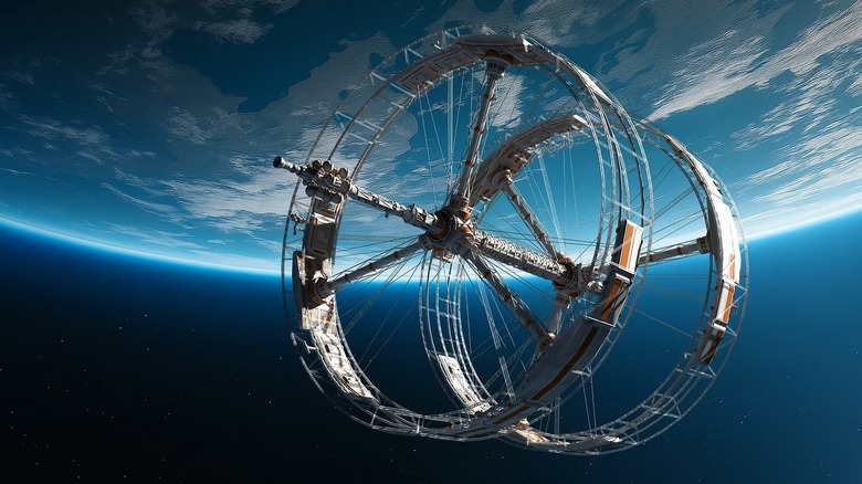 a render of a double wheel in space against the backdrop of a planet