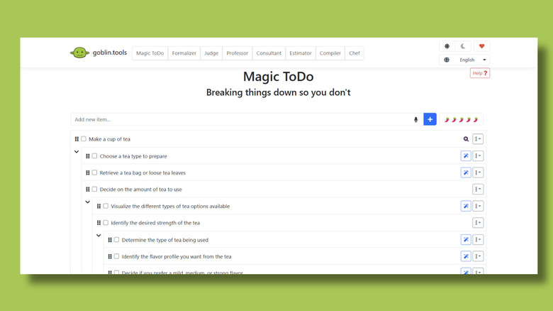 A screenshot of Goblin Tools Magic ToDo feature