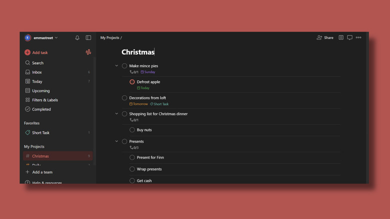 Screenshot of Todooist project showing tasks for Christmas