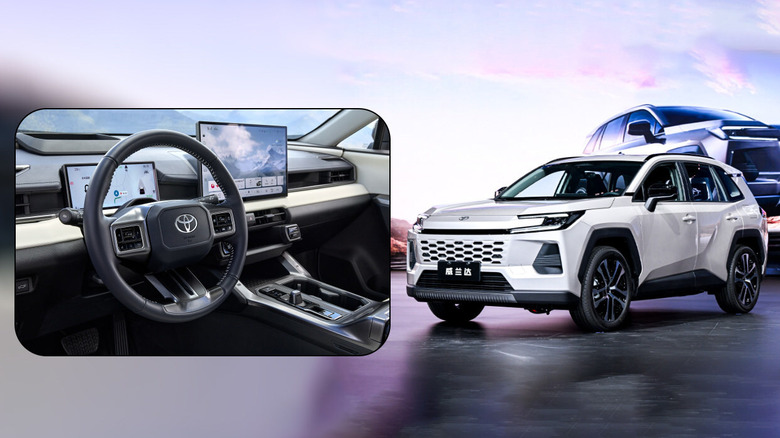 Front 3/4 View of GAC Toyota Wildlander with inset of China-developed intelligent cockpit