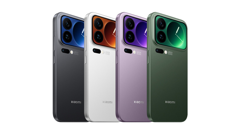 Rear view of four Xiaomi 17 Pro Max smartphones in grey, white, purple, and green